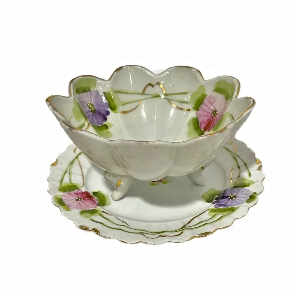 Mayonnaise Bowl & Drip Dish Set Porcelain Hand Painted Pink Purple Flowers Japan